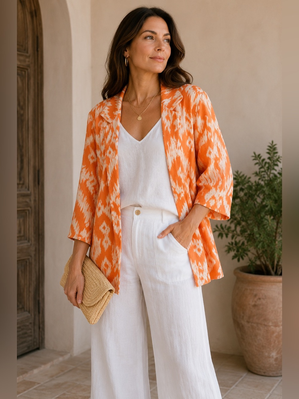 Chico’s Coral Ikat Print 100% Linen Open Front Cardigan Jacket Sunrise 2 (L/12)